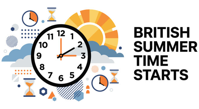 British summer time starts vector illustration. clock showing 2am changing to 3am. concept of daylight saving time in great britain. time change on last sunday of march every year.
