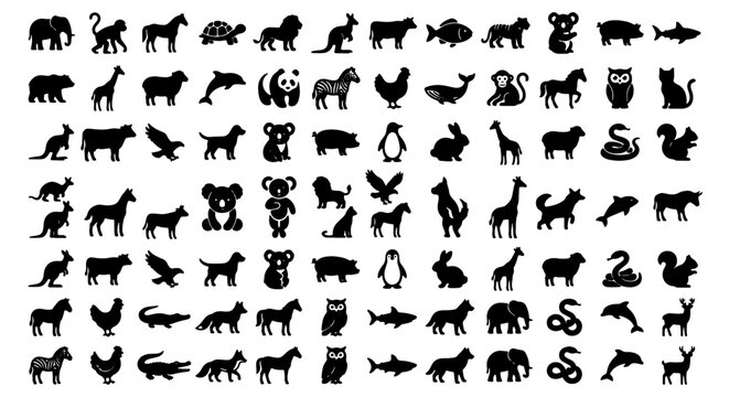 Black animal silhouettes collection, 84 minimalist wildlife icons set, flat vector fauna symbols for infographics and web design