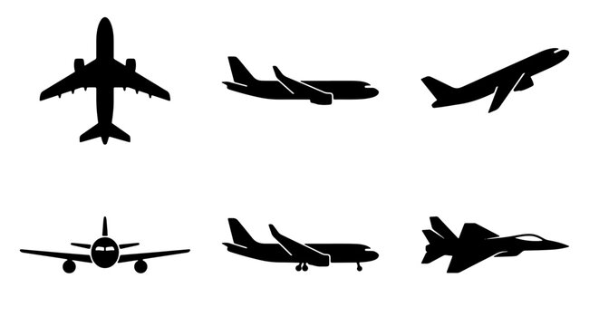 Black airplane silhouette set with 6 vector icons, commercial aircraft and fighter jet silhouettes, aviation transport and flight symbols