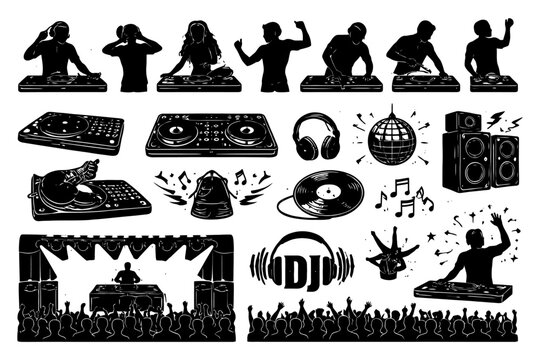 Silhouettes of djs and music gear illustrations in black and white.