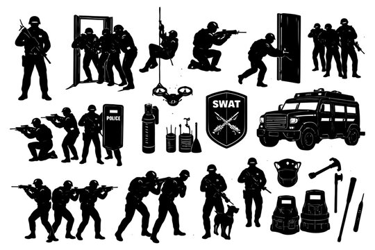 Silhouettes of swat team in action with equipment and vehicles.