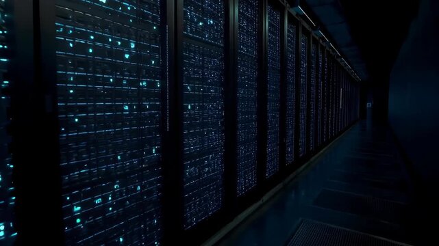 Futuristic data center corridor illuminated by blue lights, featuring rows of servers with glowing components, creating a high-tech atmosphere