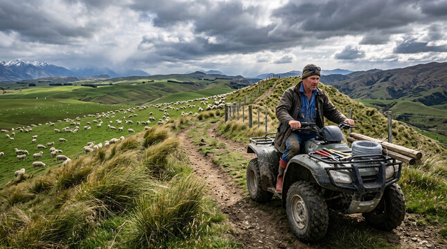 Farmer riding ATV herding sheep across rolling green hills