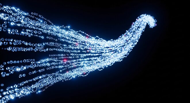 Dynamic digital data flow in a wave-like pattern, illustrating abstract technological connectivity and information stream in a futuristic glowing blue light against a dark background