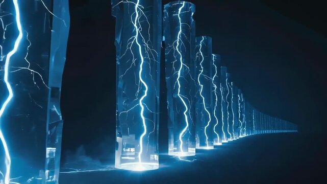 Futuristic installation featuring glowing ice sculptures with electric blue lightning accents in a dark environment