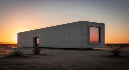 Obraz premium Modern Minimalist Desert Home Architecture Sunset Landscape.