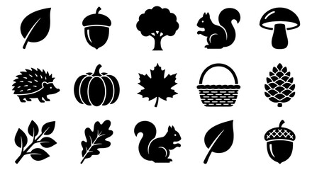 Autumn nature icons set, 15 black silhouette forest elements, fall season vector graphics with squirrel, pumpkin, leaves and hedgehog © Abdul