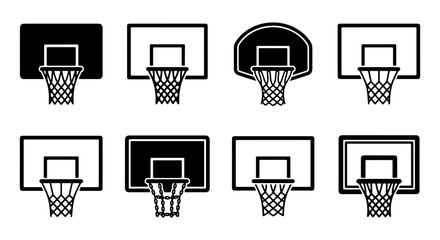 Basketball hoop icon set with 8 vector elements, black and white basketball backboard and net symbols, sports equipment graphic collection © Abdul