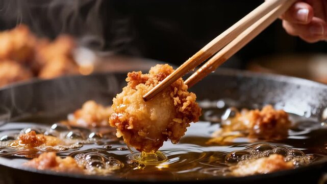箸が揚げ油から唐揚げを持ち上げ湯気立つ
