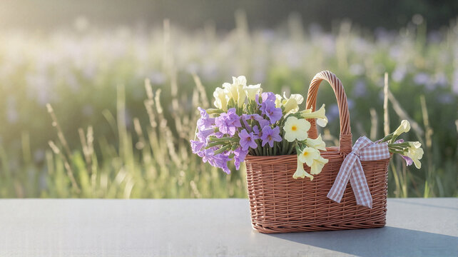 Flower basket with colorful blooms on table in sunny field  