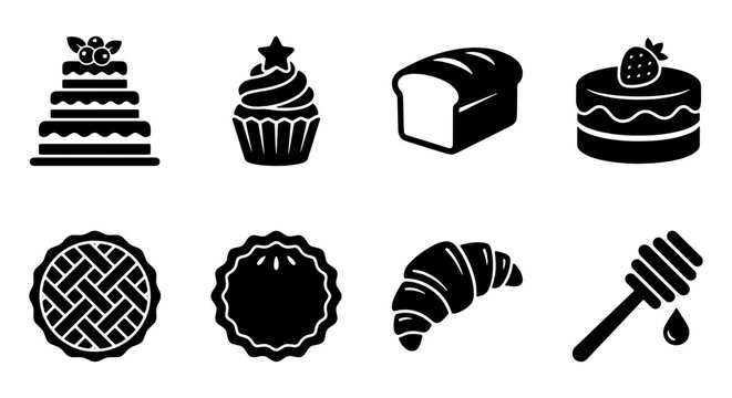 Bakery and pastry icon set, 8 black solid vector elements for cafe menus, bread and sweet dessert symbols, minimalist cake and croissant graphics