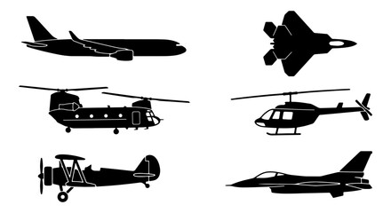Aviation silhouette vector set, 6 aircraft icons including commercial airplane and fighter jet, military helicopter and vintage biplane silhouettes © Abdul