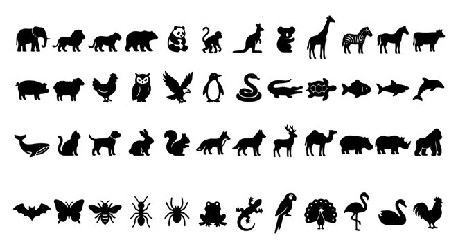 Black animal silhouettes set, 52 flat vector icons of wild and domestic animals, minimalist zoo and farm wildlife collection for logos and infographics