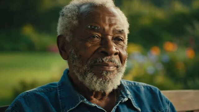 Portrait of a Content Senior African American Man Smiling Gently in a Beautiful Sunlit Garden Setting