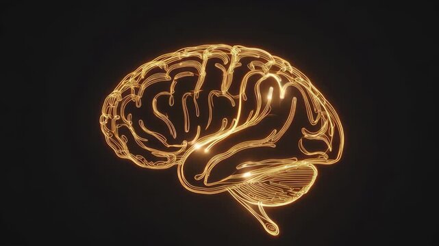 Glowing brain made of golden light lines in luminous style on dark background, concept of intelligence and creativity