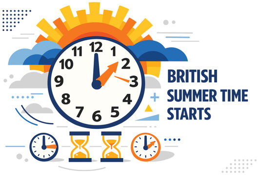 British summer time starts vector illustration. clock showing 2am moving to 3am. concept of daylight saving time in great britain. time change on last sunday of march every year.