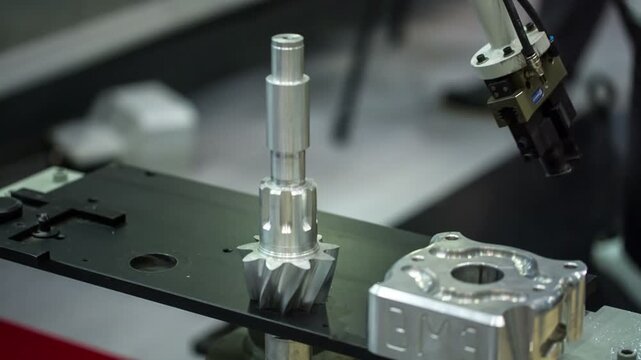 Smart CNC machine and automated robotic arm in modern industrial production line with digital control.