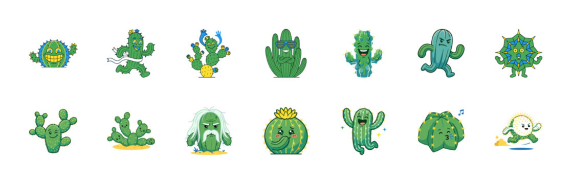Cheerful Cartoon Cactus Character Asset Sheet
