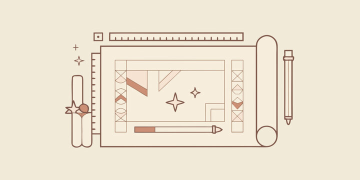 Minimalist illustration of drafting tools and geometric shapes on a beige background