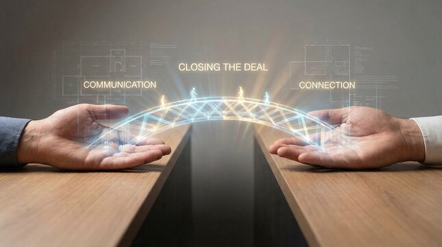 Two hands bridging a gap with a glowing digital network representing communication connection and closing a deal concept