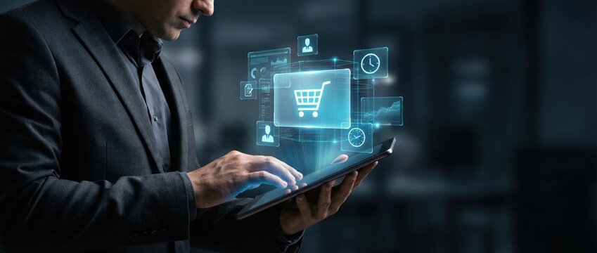E-commerce innovation digital shopping online business modern retail futuristic environment user-friendly interface interactive experience