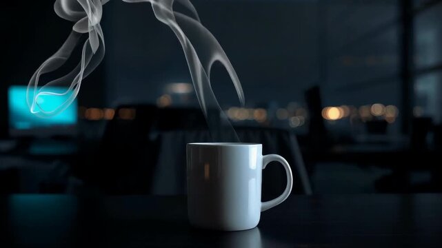 A steaming white mug sitting on a dark wooden surface, with soft, swirling smoke rising against a blurred city skyline at night