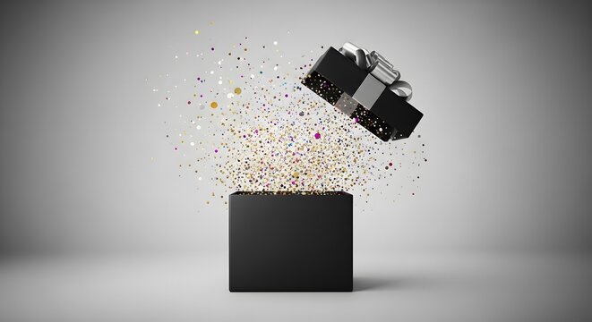 A gift box opens with confetti exploding outward in celebration