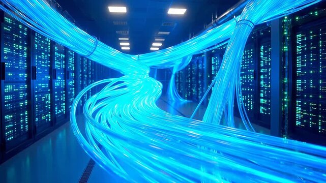 Fiber optic cables in server room for Digital Transformation and Cyber Infrastructure