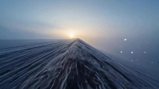 Surreal landscape at dawn featuring an abstract mountain with flowing textures and a glowing sun on the horizon