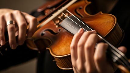 Fototapeta premium Close-up of a musician's hands playing a wooden violin with focus on fingers and strings in a dimly lit setting for classical music enthusiasts and performers