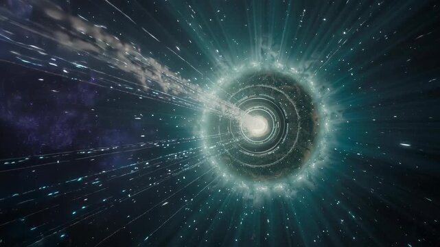 An abstract representation of a vibrant cosmic vortex with particles radiating outward, set against a starry background