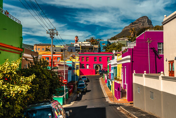 Fototapeta premium Vibrant pastel homes in Bo-Kaap neighborhood, Cape Town South Africa