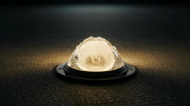 A damaged light fixture with a shattered glass cover glows with warm light on asphalt