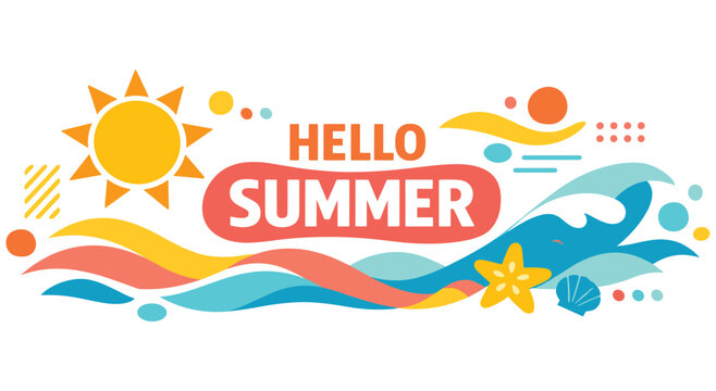 Illustration of hello summer greeting with sun, waves and beach elements. summer concept, vacation, leisure, trip, travel, holiday. ocean, sea, starfish, seashell. vibrant and cheerful design.