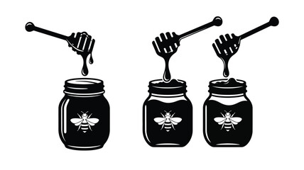 Three honey jars with dippers and bees a striking silhouette © MDShawon