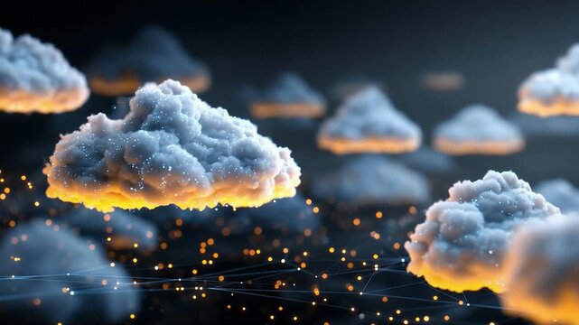 A dreamlike field of electric blue clouds speckled with glowing particles drifts above a web of light lines; a futuristic, data-inspired abstract scene.