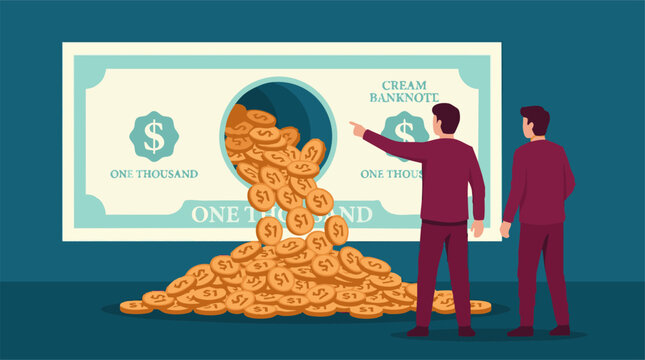 Money outflow from large banknote, gold coins pouring out, observed by men