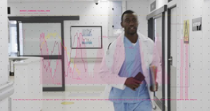 African American man in scrubs walking hospital hall checking phone with charts reacting to overlay