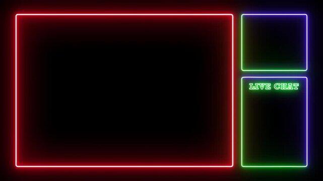 Neon glowing animated intermission stream overlay with hud facecam border, and chat for live streaming.Red, Green and Blue color. 4k video.
