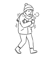 Obraz premium line art vector illustration of a person shivering because of the cold, cold person walking in the winter, walking in cold weather line art