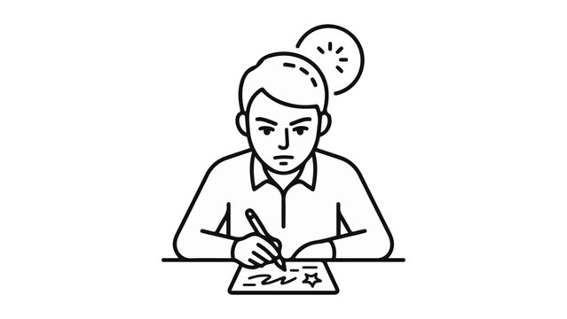 focused student writing exam paper at desk icon representing studying, concentration and test taking vector line art illustration on white background