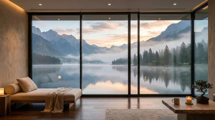 Modern luxury resort interior room with large panoramic window view of serene mountain lake, forest and mountains at colorful sunset, generative AI © Payllik