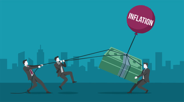 Businessmen fighting inflation by pulling down rising money stack