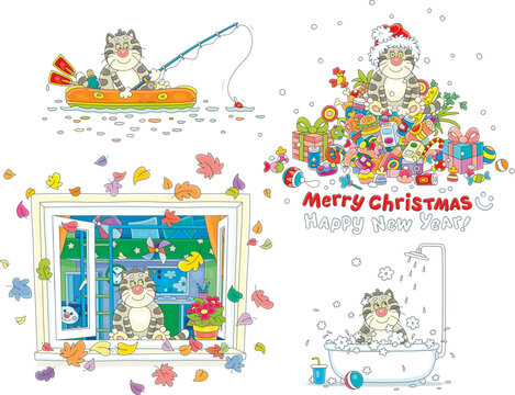 Funny cat fishing in its boat, watching autumn leaves through a window, bathing, sitting on a big pile of Christmas gifts, a set of vector cartoon illustrations on a white background