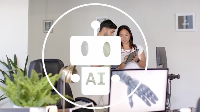 AI logo appearing pulsing sliding, two leaning pointing reviewing robot hand on tablet for design