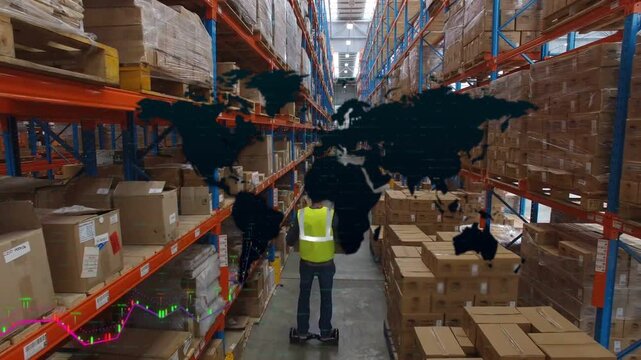 Walking warehouse worker in yellow hard-hat and hi-vis vest holding box in aisle, with map overlays