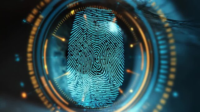 Close-up of a glowing blue fingerprint pattern inside a futuristic circular lens, edged with neon rings and amber sparks, evoking digital identity and technology