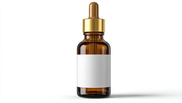 Amber glass dropper bottle with blank label and gold cap, isolated on white