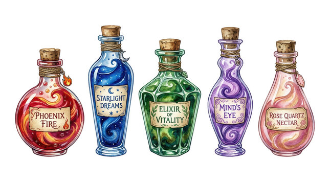 Magical potions in decorative glass bottles with unique labels and cork stoppers