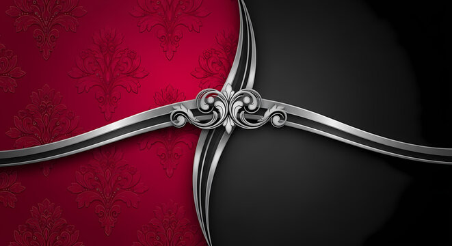 A striking split background features a rich red damask pattern on one side and a sleek black surface on the other, divided by a silver ornate cross.